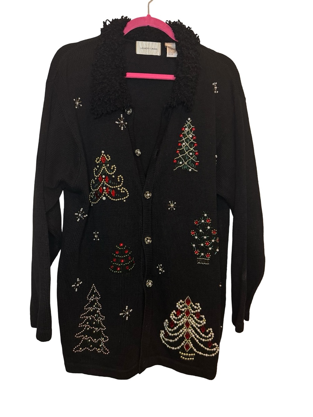 Lemon Grass Beaded Christmas Tree Cardigan Sweater Faux Fur Collar Black Sz 1X - Picture 3 of 7